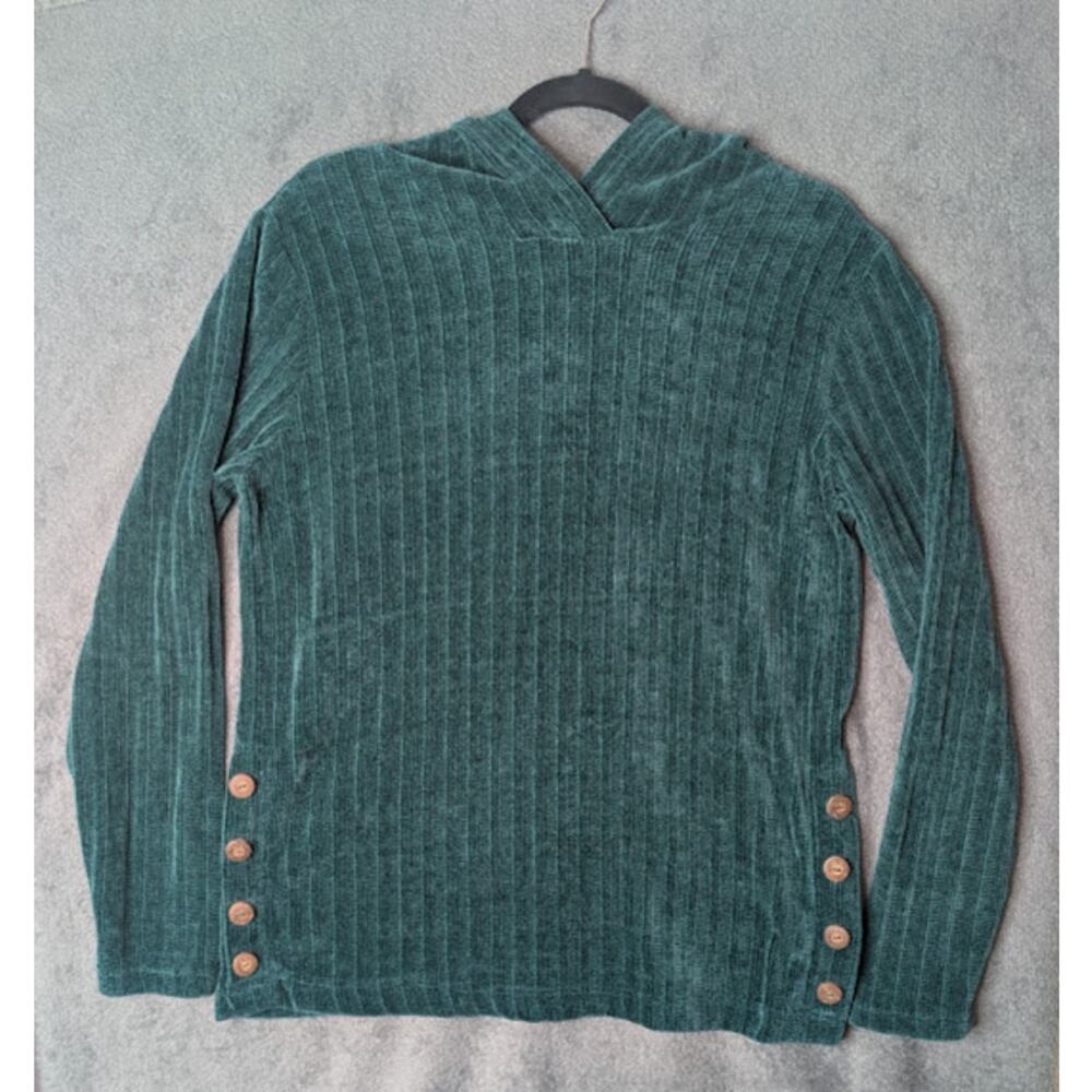 TRUE SELF Sweater Womens Large Long Sleeve Velour Button Pullover Hoodie Green